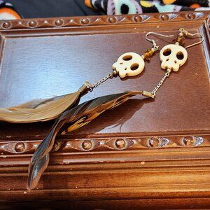 Feather & Bone Skull Earrings